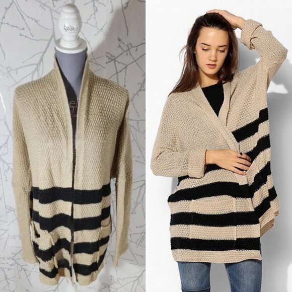 BDG Beige Striped Textured Knit Open Front Cardigan - Picture 1 of 7